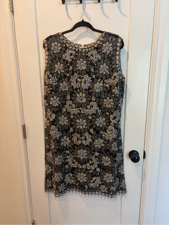 Vintage Dresses & Skirts - Vintage 60s Embellished Black Floral Beaded and pearls Shift Dress with slip
